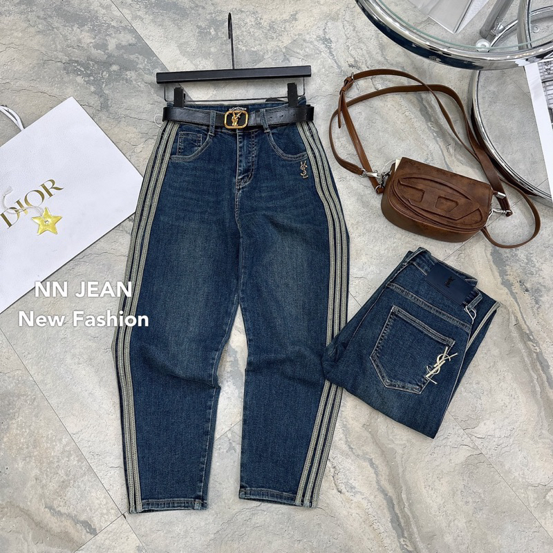 Quần bò sọc ysll dáng baggy chất co giãn kèm đai hàng QCL1