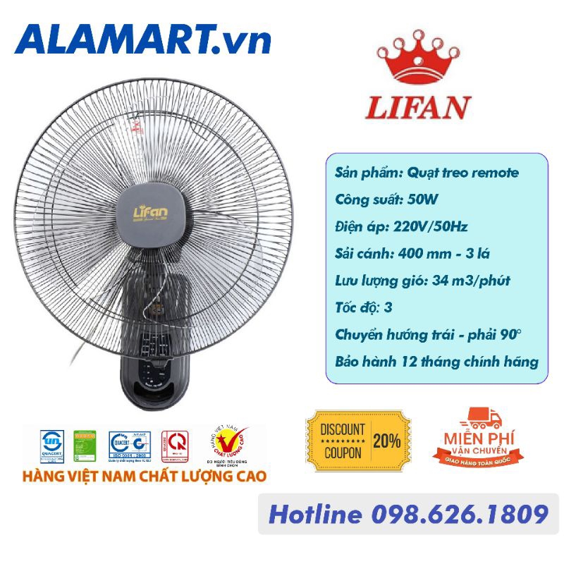 QUẠT TREO REMOTE LIFAN TE-1688 3 lá lớn quạt êm mát