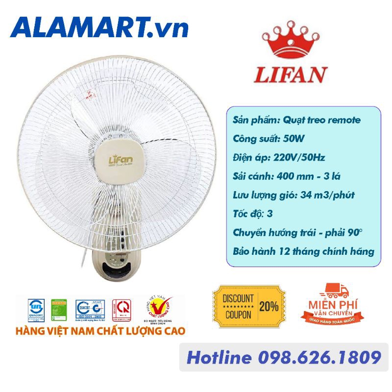 QUẠT TREO REMOTE LIFAN TE-1688 3 lá lớn quạt êm mát