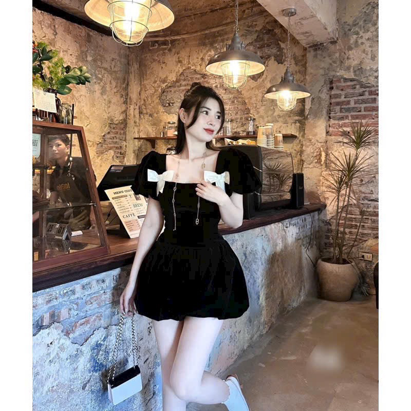 Set Áo Nhung Đính Nơ Quần Bí, Set Đồ Sang Chảnh