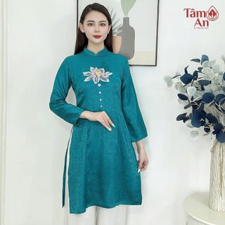 Bộ áo gấm thêu hoa sen màu xanh cổ vịt