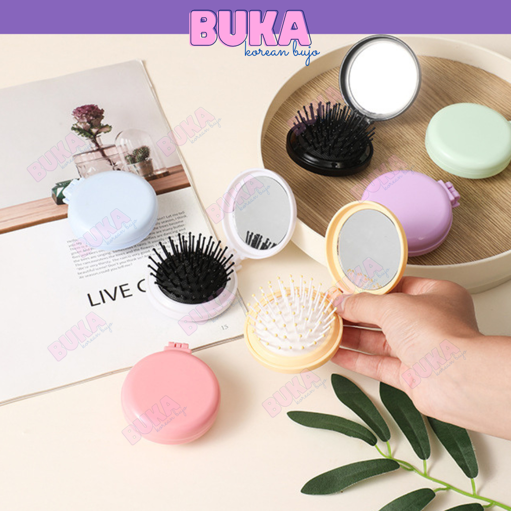 Gương lược mini Buka có thể gấp gọn, lược trải đầu massage cầm tay nhỏ gọn tiện lợi phong cách cute dễ thương