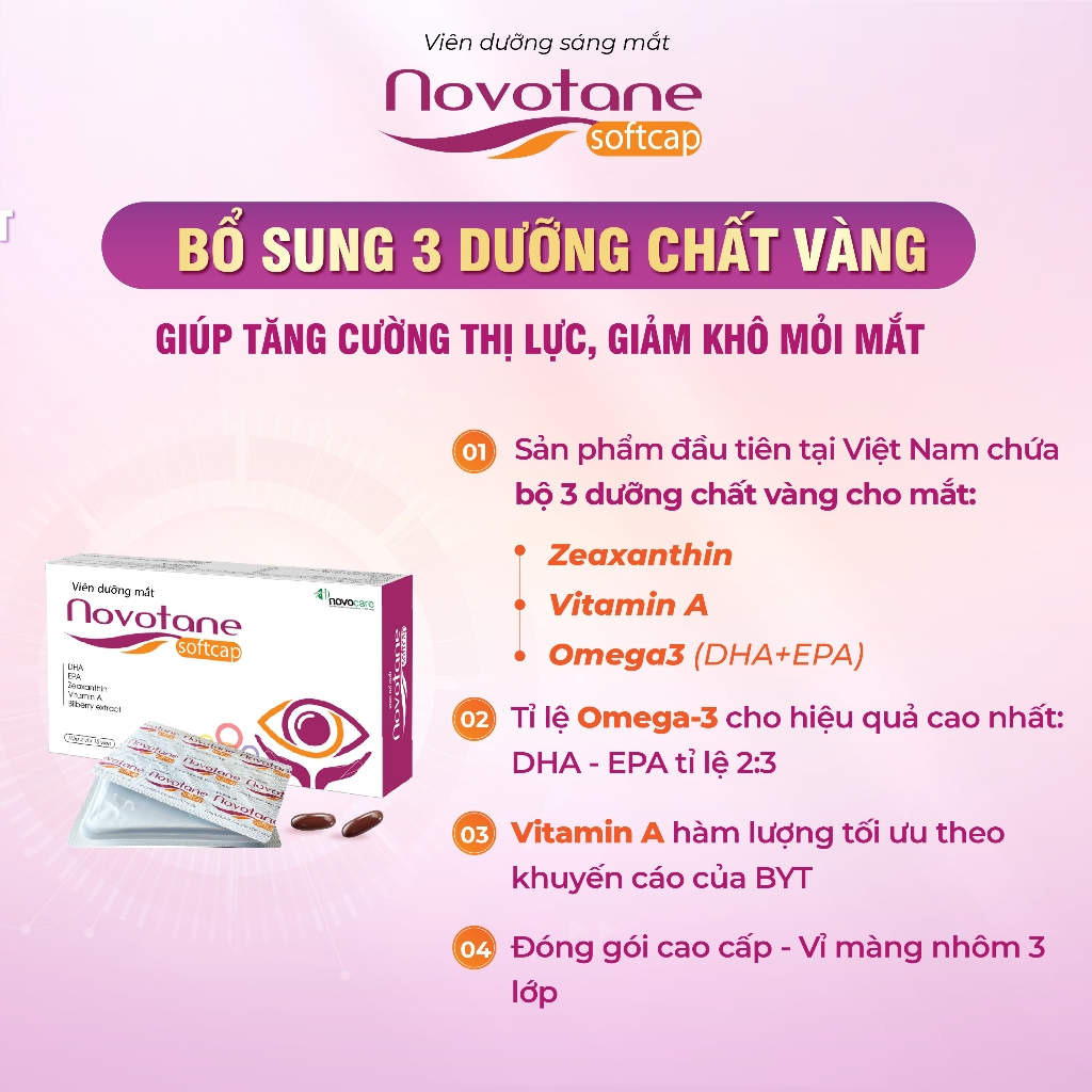 Viên Dưỡng Sáng Mắt Novotane Softcap - Bổ sung bộ 3 dưỡng chất vàng cho mắt - Tăng cường thị lực, giảm khô mỏi mắt