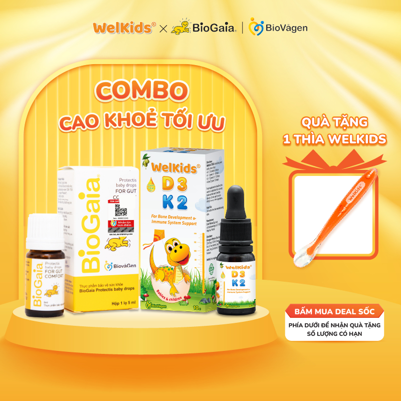 Combo cao khỏe tối ưu gồm 1 lọ vitamin D3K2 Welkids 10ml phát triển chiều cao + 1 lọ men vi sinh Biogaia Protectis Drops