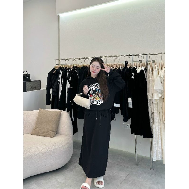 Sét bộ nỉ áo mũ và chân váy dài