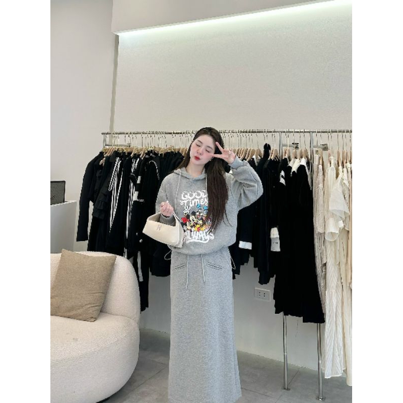 Sét bộ nỉ áo mũ và chân váy dài