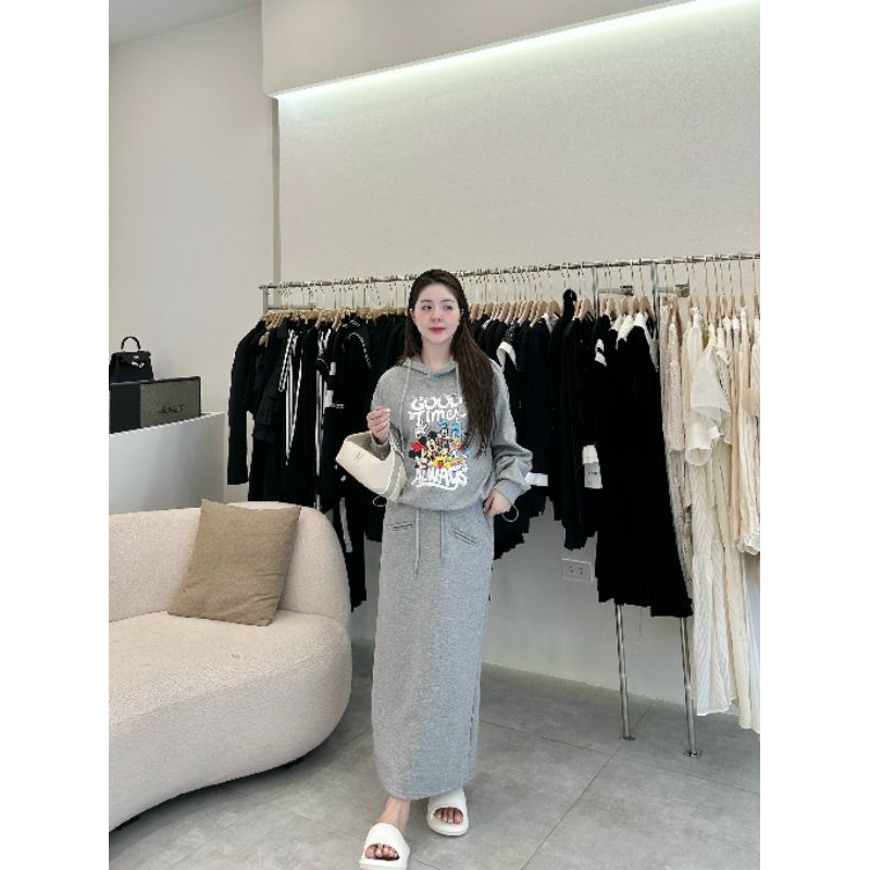 Sét bộ nỉ áo mũ và chân váy dài