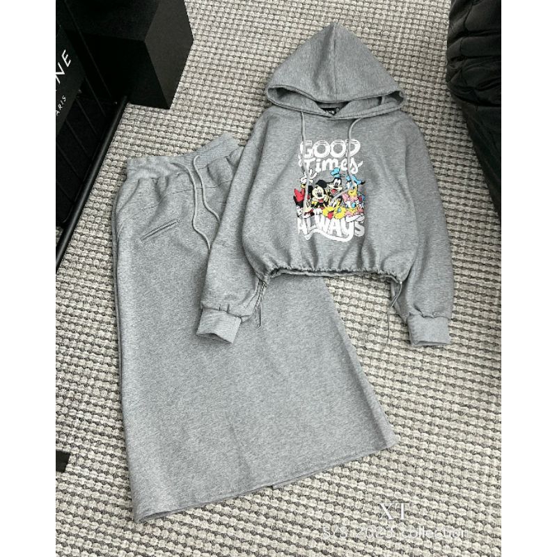 Sét bộ nỉ áo mũ và chân váy dài