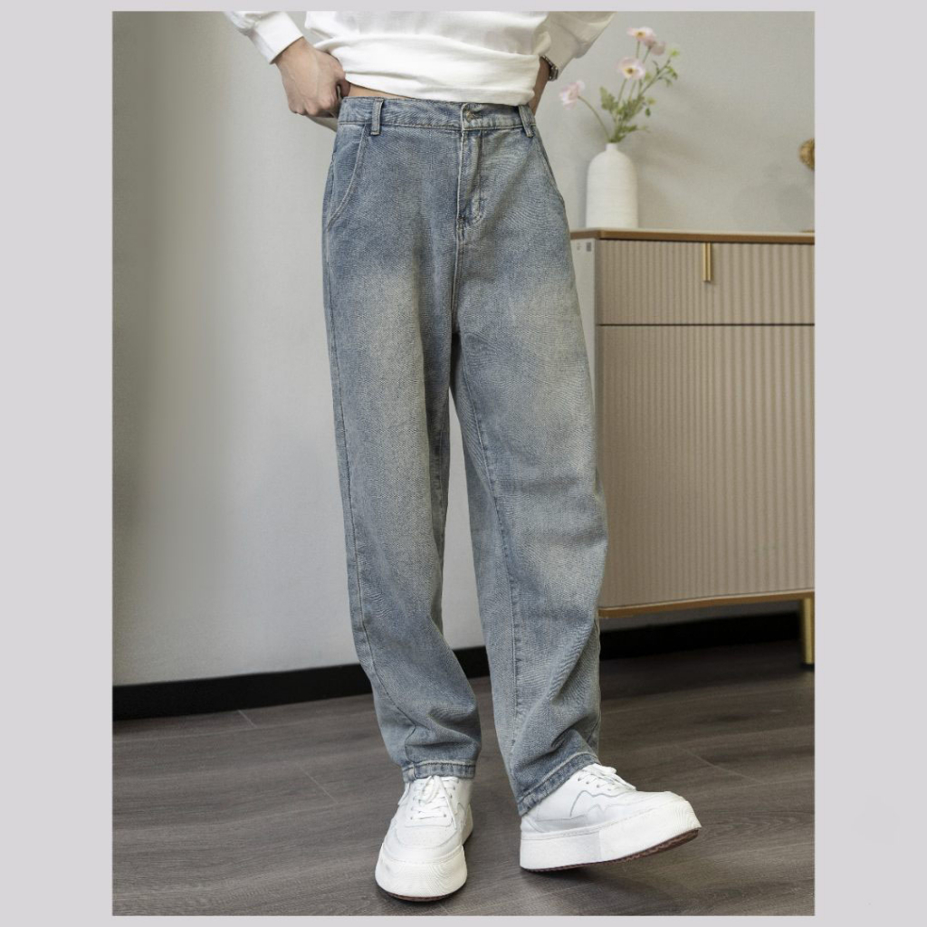 Quần Jean Nam Dáng Baggy Màu Xanh Retro Chất Vải Dày Dặn RS02