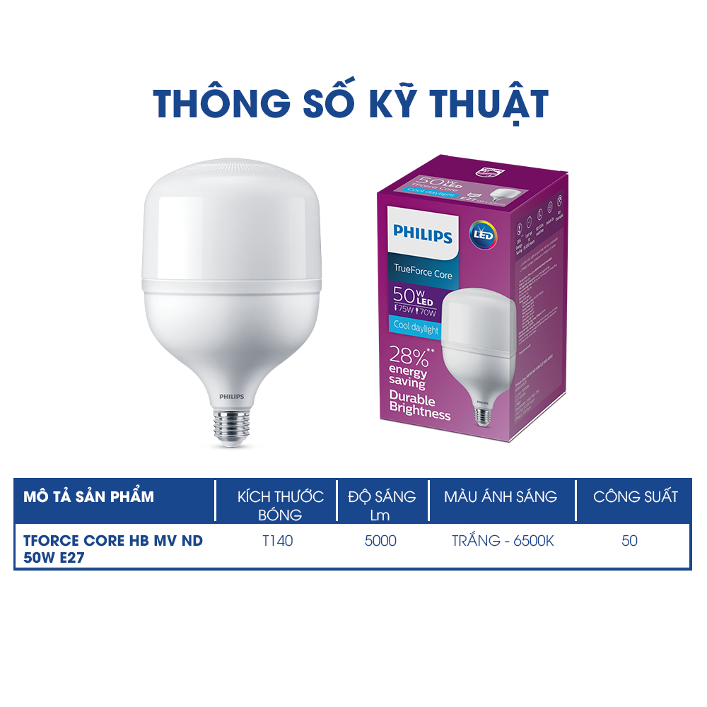 Bóng đèn Philips trụ TForce siêu sáng HB E27- công suất 50W (ánh sáng trắng - 6500K)