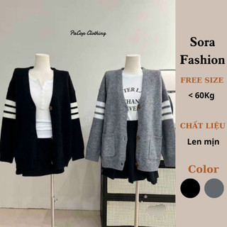 Áo Len Cardigan Phối Kẻ Sọc Sora Fashion,Áo Khoác Cardigan Dệt Kim Dáng Rộng Cổ Chữ V FreeSize 113