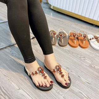 (form to lùi size) Sandal đính đá nâu đế bệt