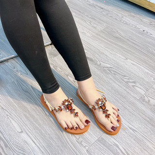 (form to lùi size) Sandal đính đá nâu đế bệt