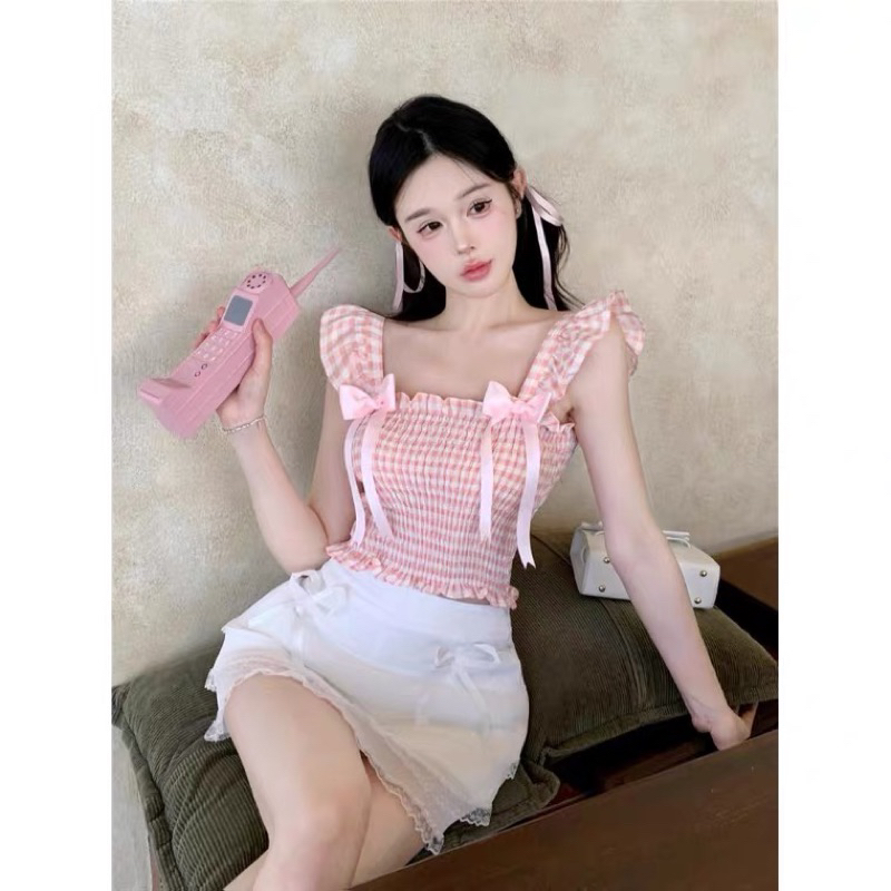 Áo 2 dây cánh tiên nhúm caro xinh size SM