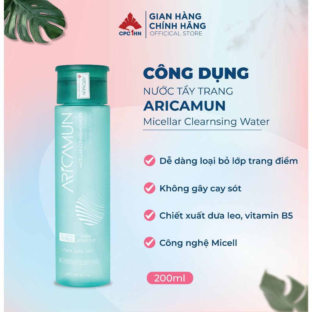 Nước Tẩy Trang Và Làm Sạch Sâu Cho Da Dầu Khô Mụn Nhạy Cảm Mềm Mịn ARICAMUN Micellar Cleansing Water 200ml