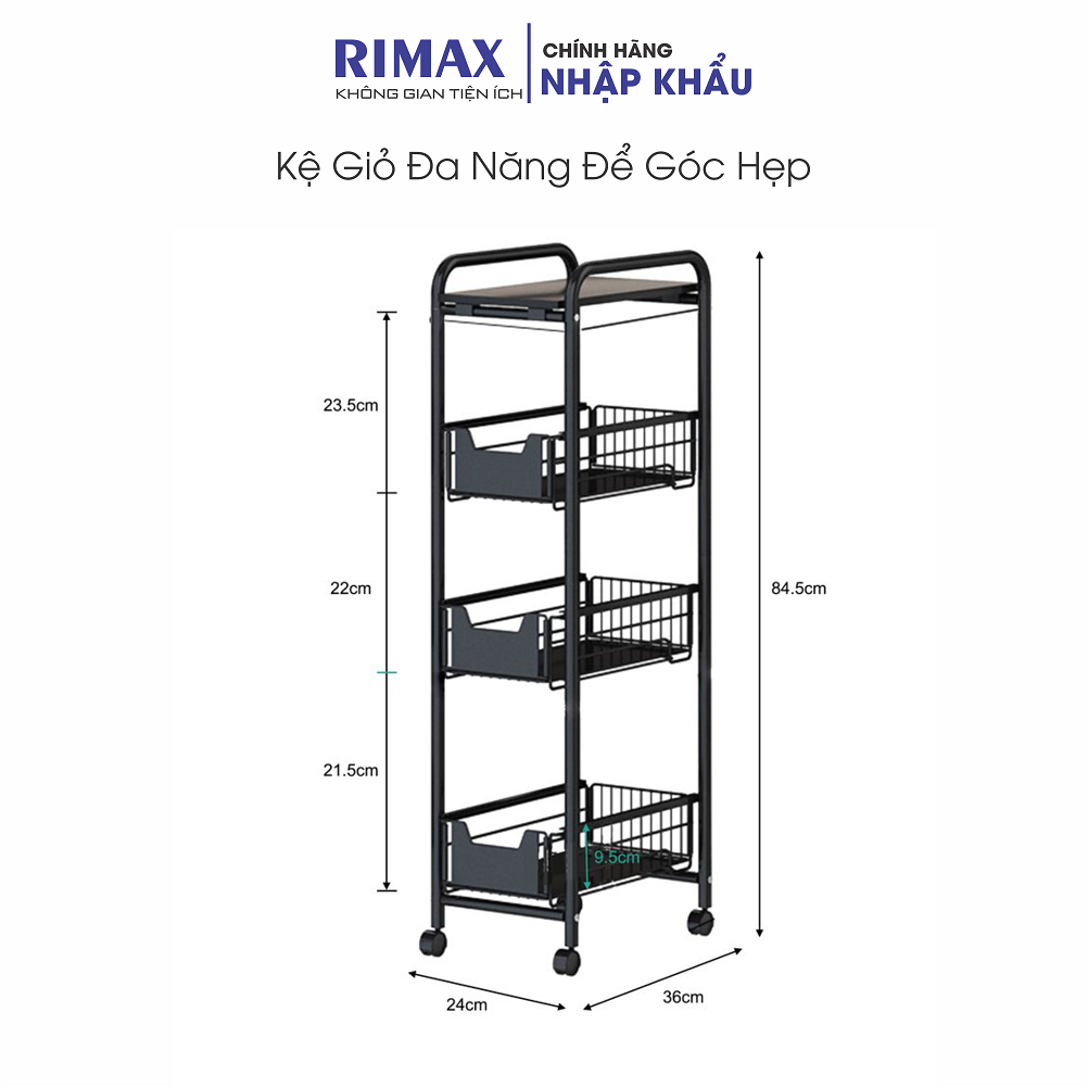 Kệ Để Đồ Đa Năng RIKA KDN05 Để Góc Hẹp Nhiều Tầng Có Giỏ Kéo và Bánh Xe Xoay 360 Độ