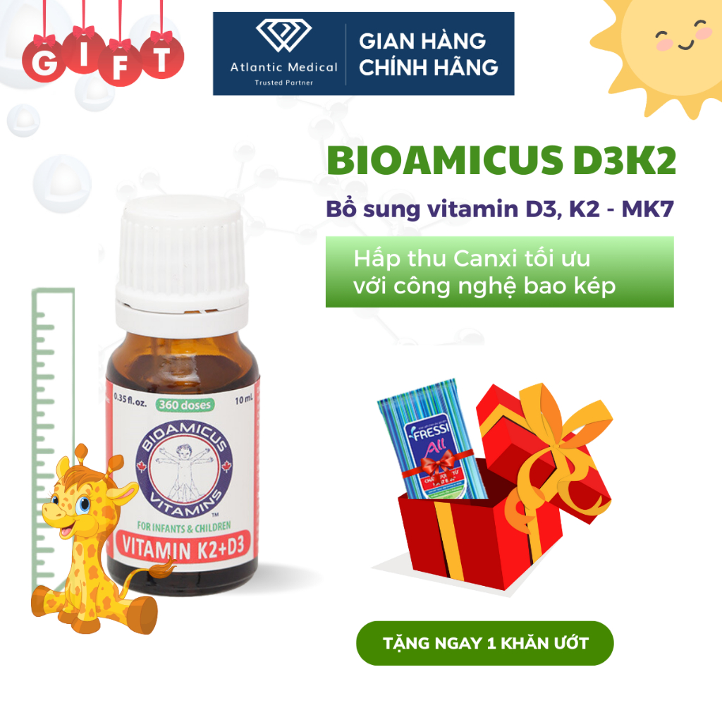 BioAmicus Vitamin D3K2 MK7 Tinh Khiết Tăng Chiều Cao, Miễn Dịch Khỏe Mạnh, Bé Ngủ Ngon 10ml