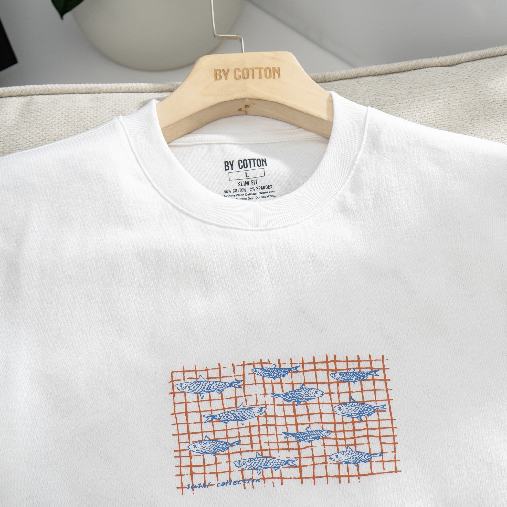 Áo Thun Nam Cao Cấp Cổ Tròn Trắng In Cá BY COTTON NEW