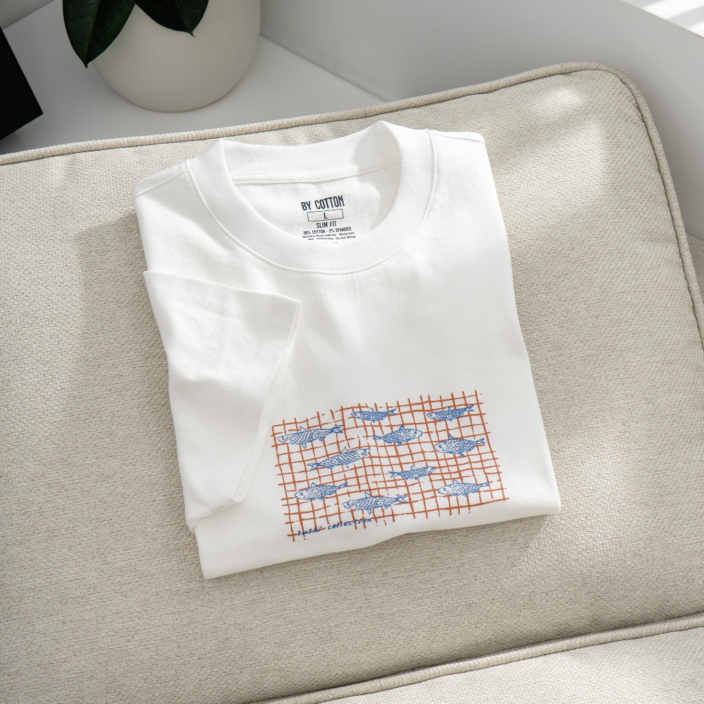 Áo Thun Nam Cao Cấp Cổ Tròn Trắng In Cá BY COTTON NEW