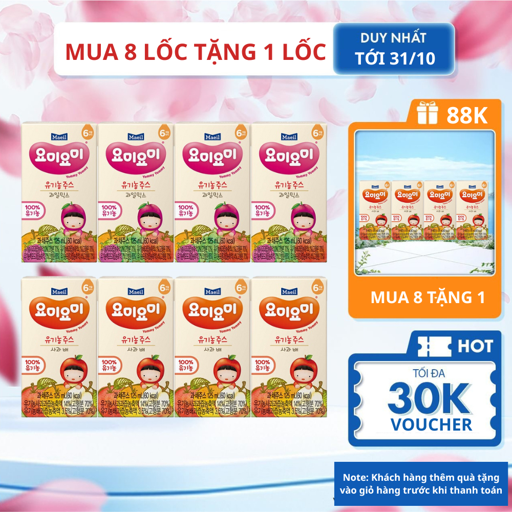 Nước ép trái cây hữu cơ MAEIL lốc 4 hộp cung cấp dinh dưỡng, chất xơ dành cho bé từ 6 tháng, nhập khẩu Hàn Quốc 125ml