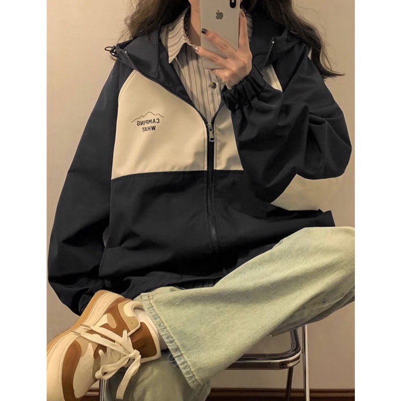 Áo khoác phối màu unisex có mũ form rộng mặc đôi nam nữ - phong cách Harajuku Nhật Bản Aogiophoimau415 P4/K15