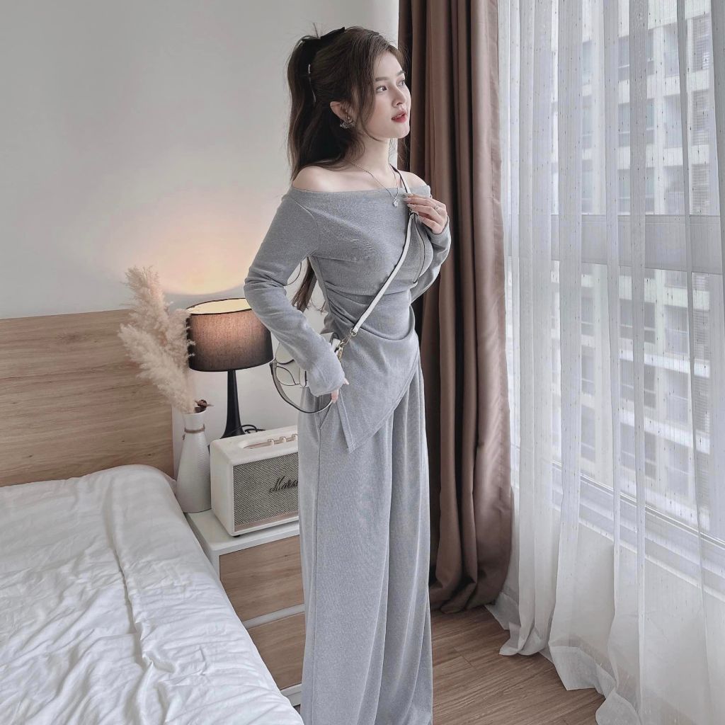 Set áo trễ vai, Set áo nữ thun tay dài cổ thuyền nhún eo phối vạt chéo kèm quần dài cạp cao ống suông basic BTDD539