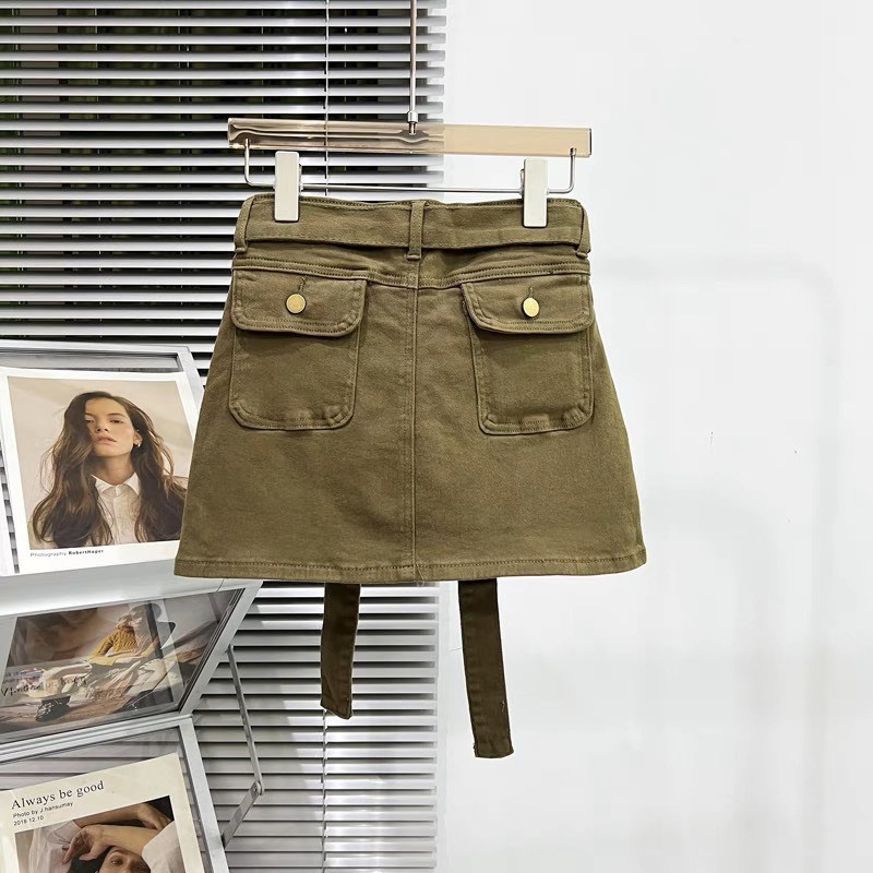 Chân váy Jean/kaki cạp cao kèm quần trong, chân váy ngắn KABICO túi hộp phong cách thanh lịch_V39