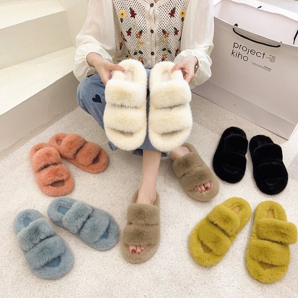 Dép Bông màu trắng Quai Ngang Phủ Lông Dày Đế Cao 5cm Dễ Thương Thời Trang Mùa Thu Đông