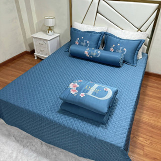 Bộ chăn ga gối phi lụa trần bông  thêu hoa 5 món đủ kích cỡ,bộ chăn ga phủ giường trần bông đủ kích thước