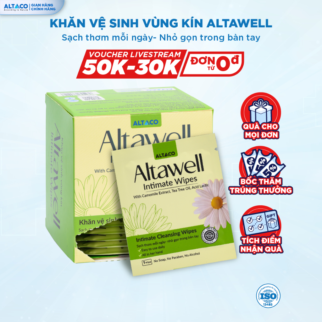 Khăn ướt vệ sinh phụ nữ Altawell Intimate Wipes độ ẩm vừa phải giúp vùng kín khô thoáng dễ chịu 20 gói/ hộp