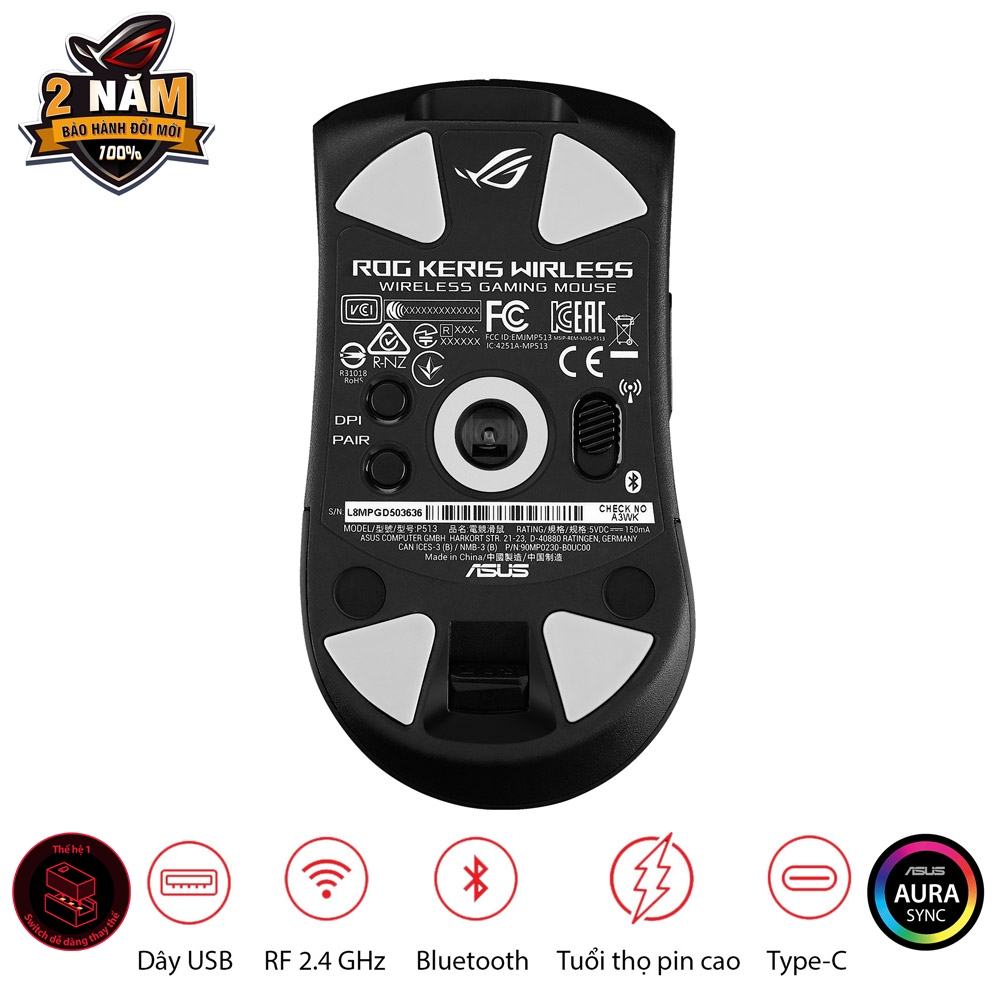 Chuột gaming không dây ASUS ROG KERIS Wireless | cảm biến ROG 16,000 dpi | feet chuột ROG Omni