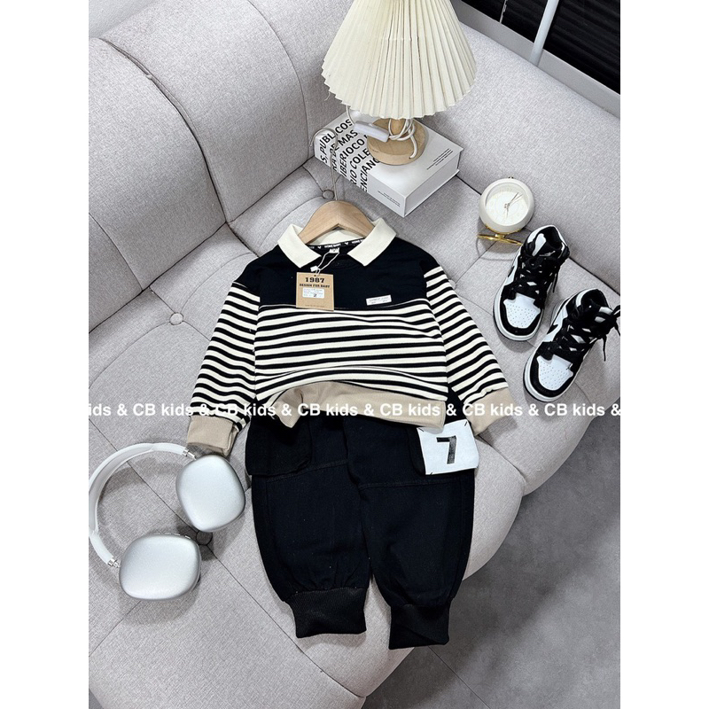 Sét bộ quần áo bé trai dài tay thu đông phối quần kaki dài mềm