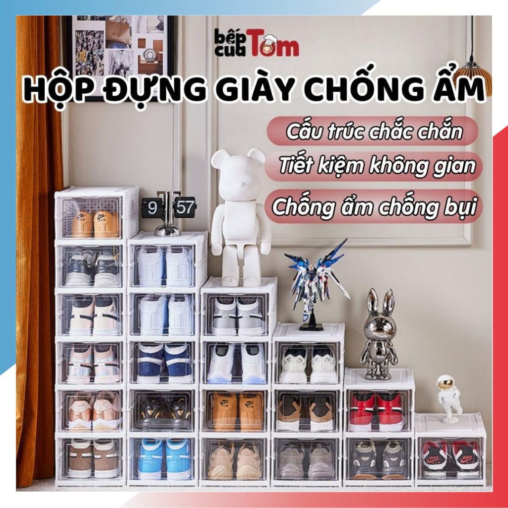 Hộp đựng giày nhựa cứng cao cấp có thể gấp gọn chống ẩm mốc chống bụi,Tủ để giày có thể xếp lên nhau