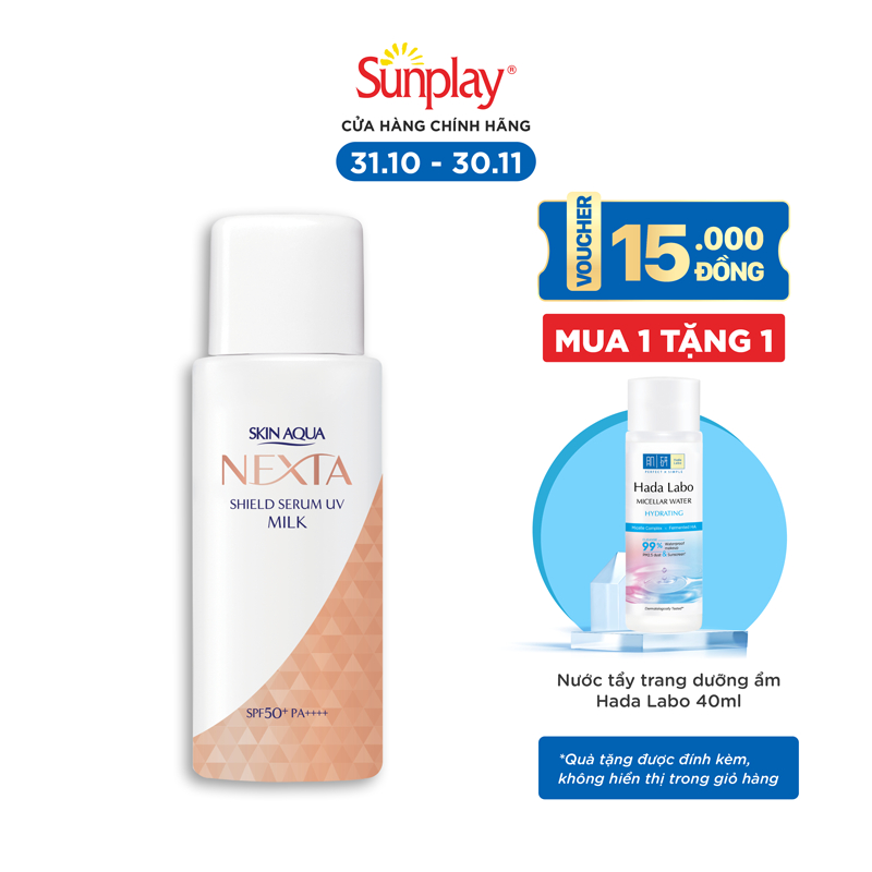 Hộp quà Sữa serum chống nắng Skin Aqua Nexta Shield Serum UV SPF50+ PA++++ 50g (TẶNG Nước tẩy trang Hada Labo)
