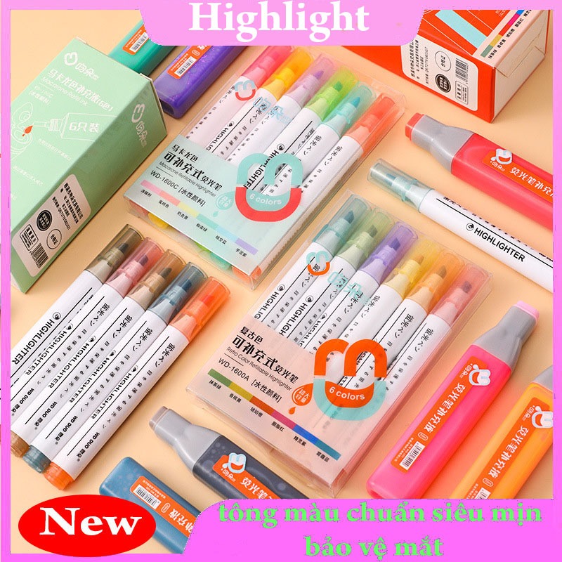 Bút Highlight màu Retro Morandi Macaron mới,màu đậm nét,có thể đổ thêm mực,phù hợp cho học sinh sinh viên.