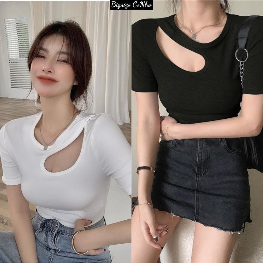Áo thun croptop bigsize nữ tay ngắn xẻ khoét vai cổ tròn siêu tôn xinh sang chảnh dáng vải thun borip co giãn A46