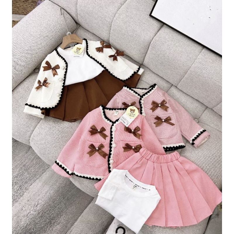 Set 3 chi tiết váy áo nơ kèm khoác dạ 2 lớp tiểu thư xinh xắn bé gái