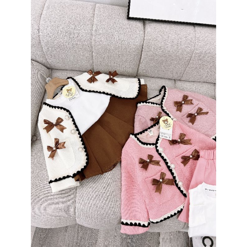 Set 3 chi tiết váy áo nơ kèm khoác dạ 2 lớp tiểu thư xinh xắn bé gái