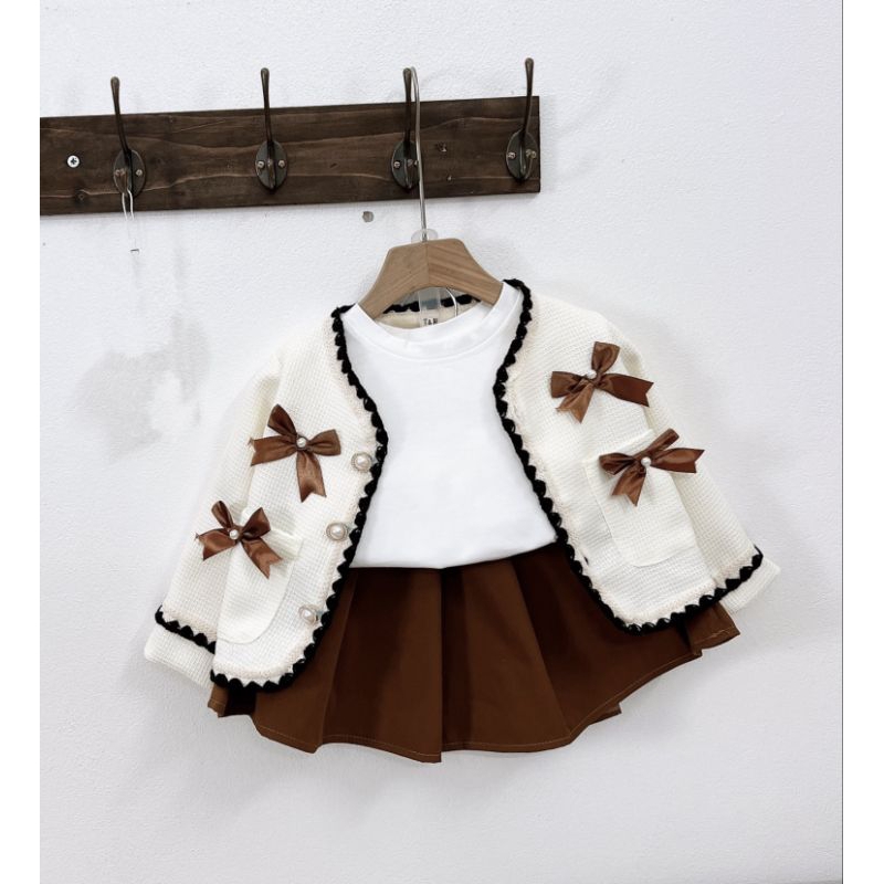 Set 3 chi tiết váy áo nơ kèm khoác dạ 2 lớp tiểu thư xinh xắn bé gái