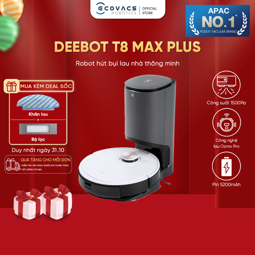 Robot hút bụi lau nhà Ecovacs Deebot OZMO T8 MAX PLUS - Bản Nội Địa -BH 12 tháng