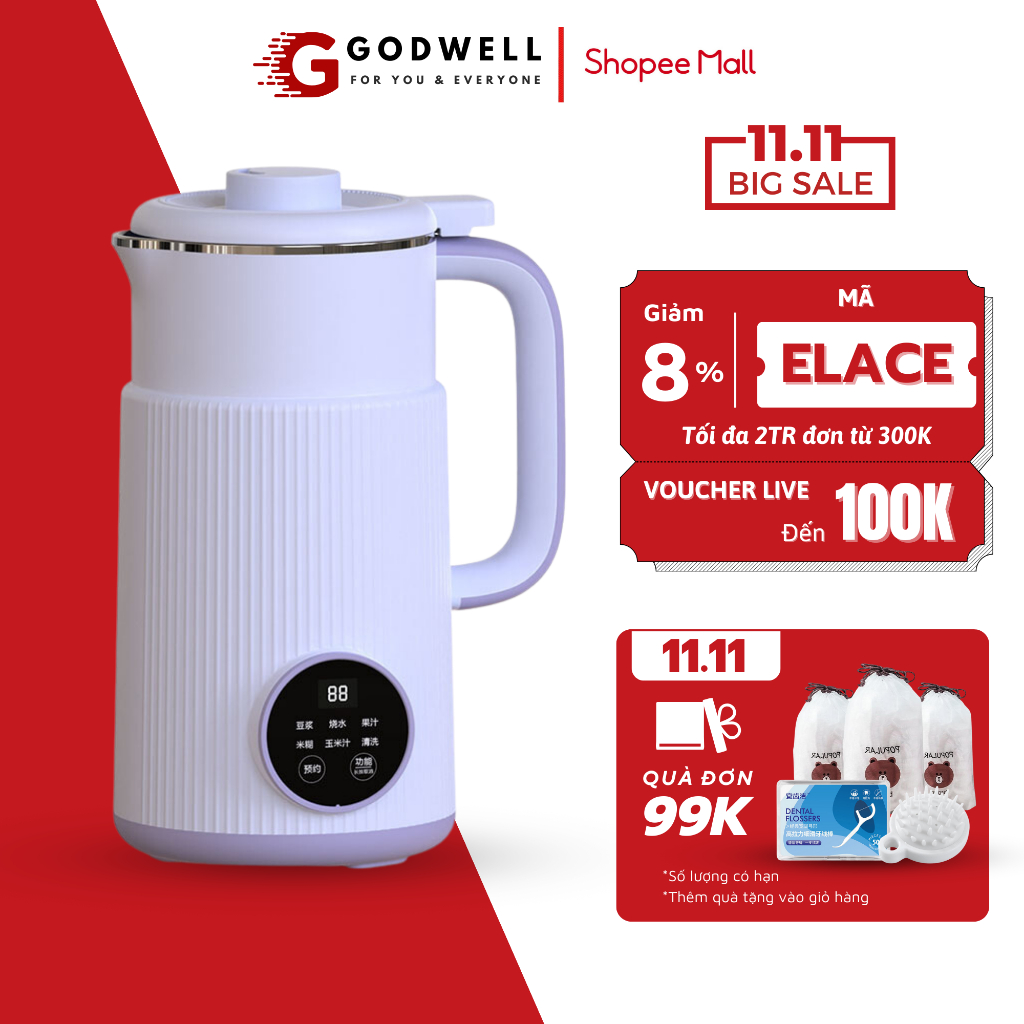 Máy làm sữa hạt mini GODWELL dung tích 0.8 lít xay nấu sữa đậu nành sữa ngô công suất 600W dùng nấu cháo - LS80
