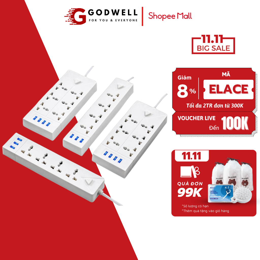 Ổ Cắm Điện Đa Năng GODWELL Chịu Tải 2500W Tích Hợp Cổng USB 5V Cắm Mọi Thiết Bị Dây Dài 4M