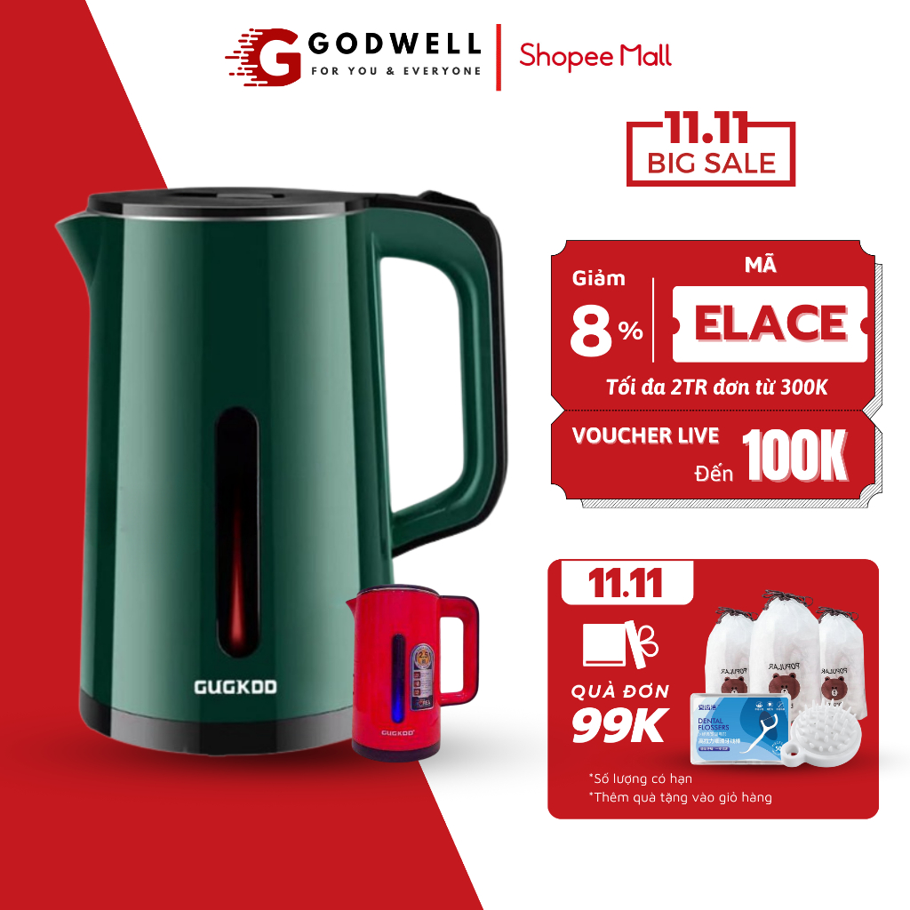 Ấm siêu tốc đun nước GODWELL dung tích 2.5L công suất 1500W bình siêu tốc 2 lớp cách nhiệt tự ngắt khi sôi