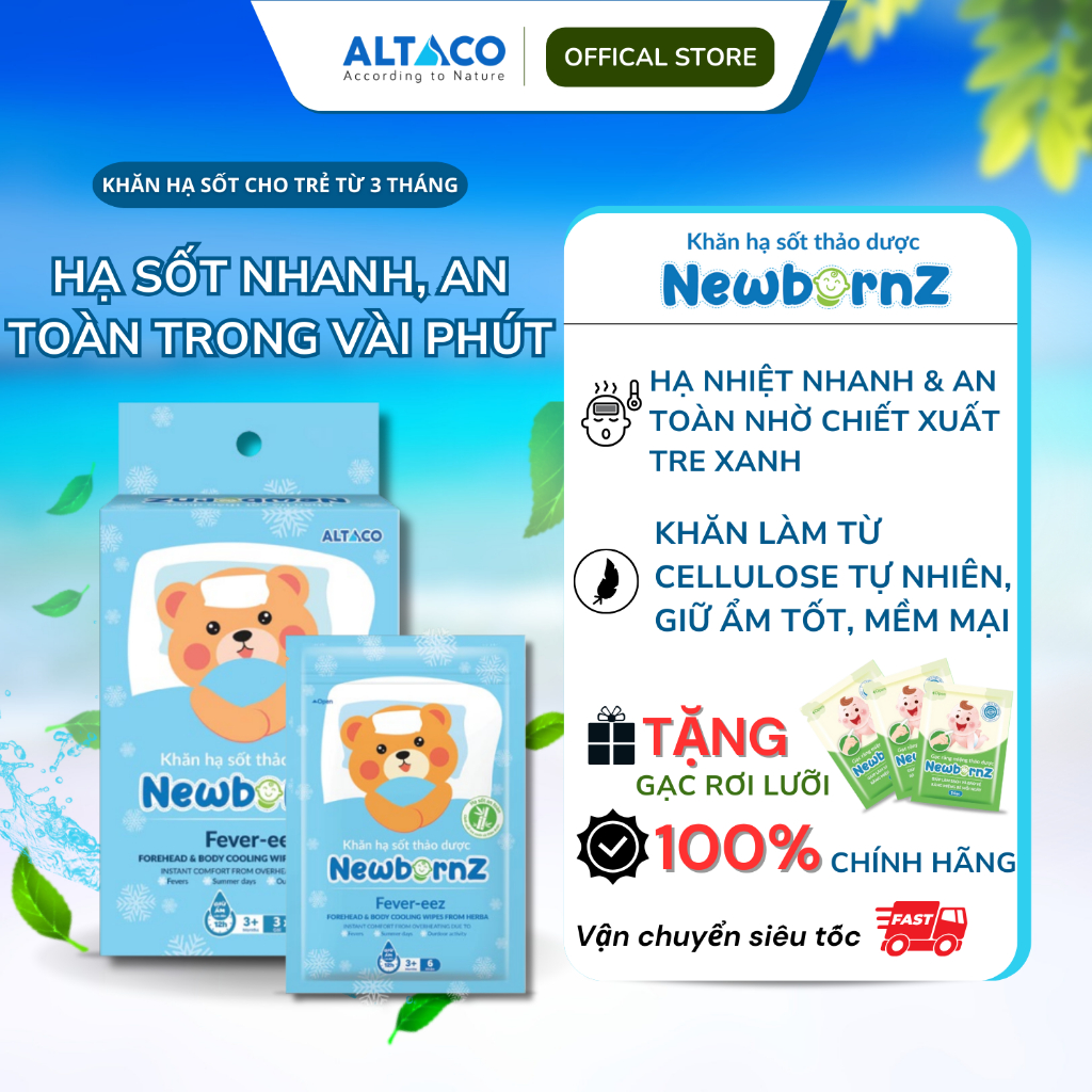 Khăn hạ sốt thảo dược NewbornZ Fever eez- Giảm nhiệt, hạ sốt nhanh và an toàn với chiết xuất tre xanh và thảo dược