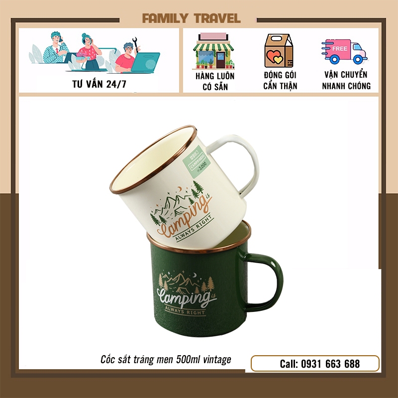 Cốc ly sắt tráng men 500ml in hoạ tiết đun được trên bếp gas dùng đi dã ngoại cắm trại ngoài trời - Family Travel