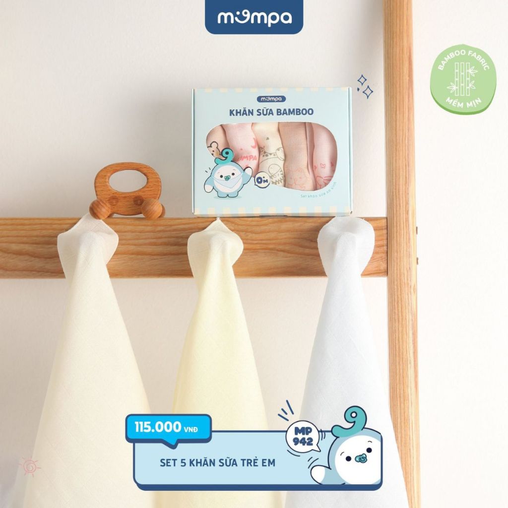 Khăn sữa cho bé Mompa set 5 chiếc vải xô Bamboo lau mặt quàng cổ mềm mịn thấm hút đa năng 942