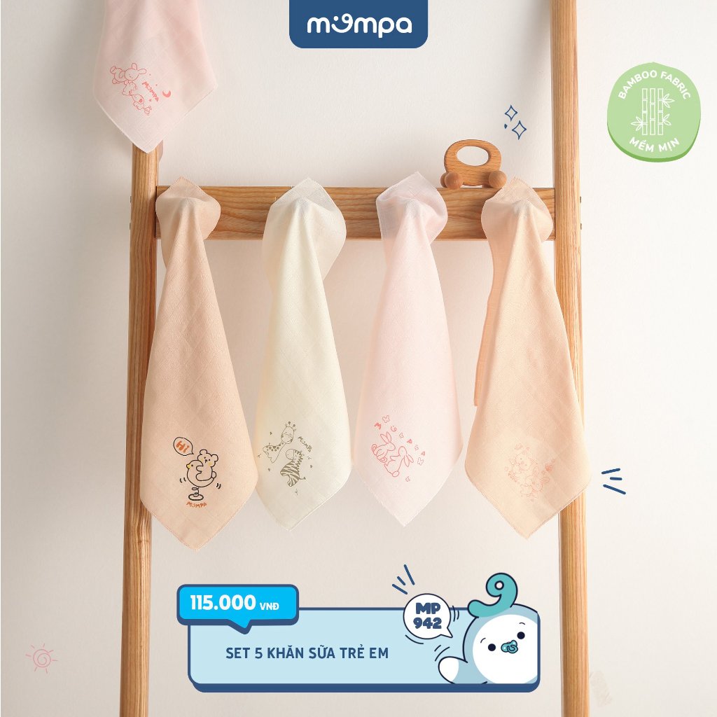 Khăn sữa cho bé Mompa set 5 chiếc vải xô Bamboo lau mặt quàng cổ mềm mịn thấm hút đa năng 942