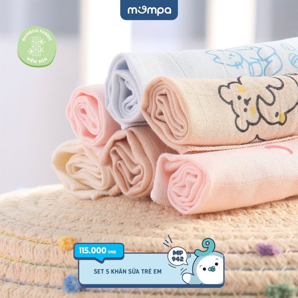 Khăn sữa cho bé Mompa set 5 chiếc vải xô Bamboo lau mặt quàng cổ mềm mịn thấm hút đa năng 942