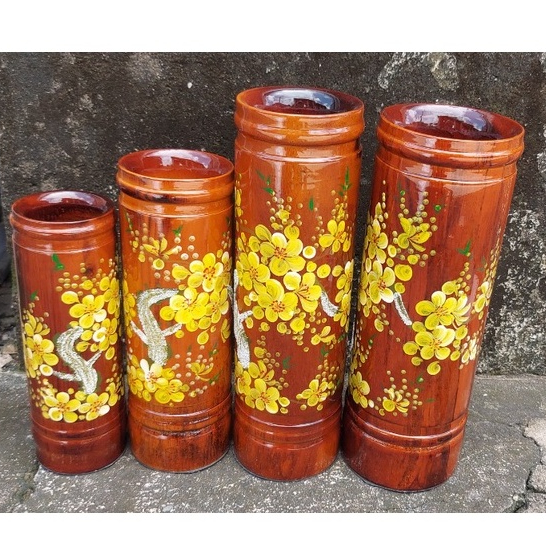 Ống đựng nhang gỗ thờ cúng vẽ hoa mai vàng siêu đẹp