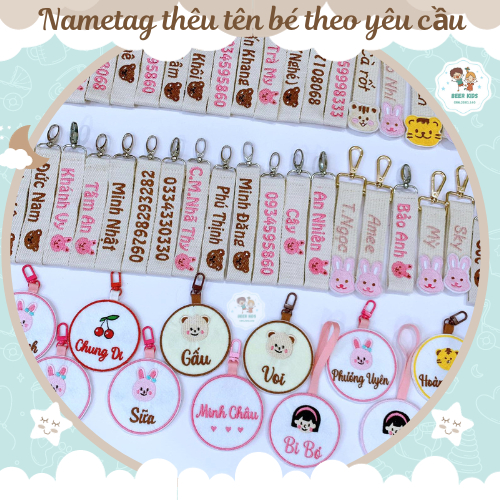 Name tag THÊU TÊN: tag tròn, tag dài, tag chữ có móc treo thêu tên bé, thêu số điện thoại, đeo balo, bình nước cho b